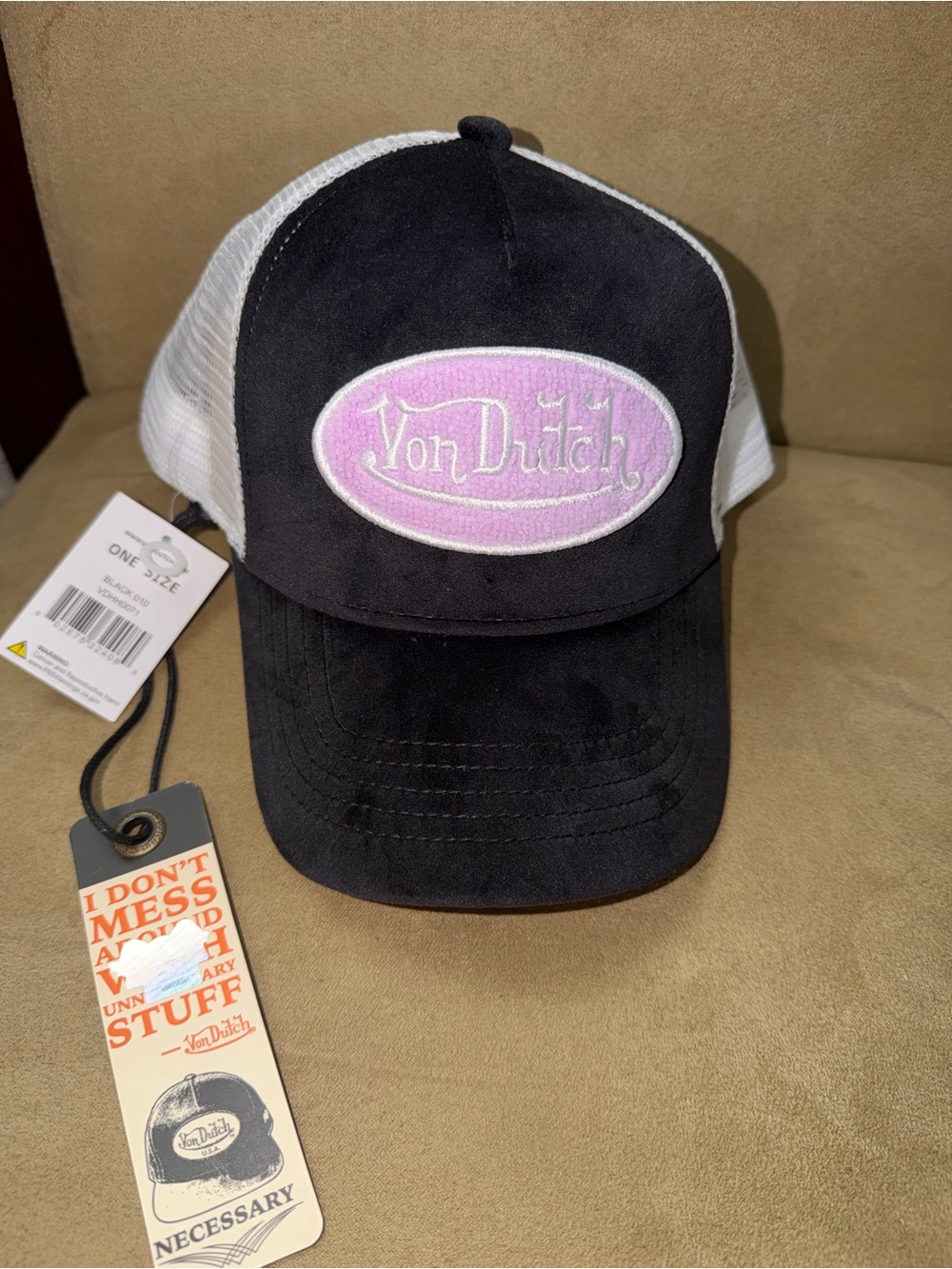 Von Dutch Black & White Trucker Cap with purple logo